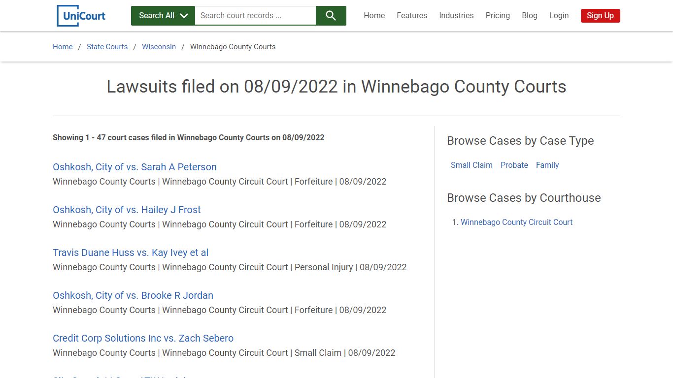 Lawsuits filed on 08/09/2022 in Winnebago County Courts