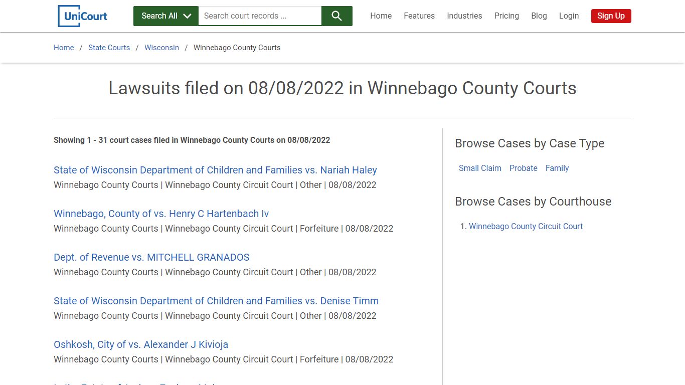 Lawsuits filed on 08/08/2022 in Winnebago County Courts